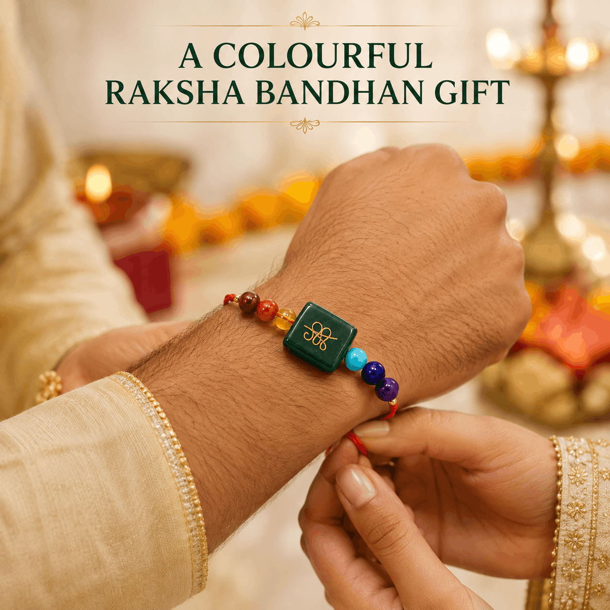 🌈 Seven-Colour Prosperity Symbol Rakhi – 808 • 520 • 741 ✨🧿
