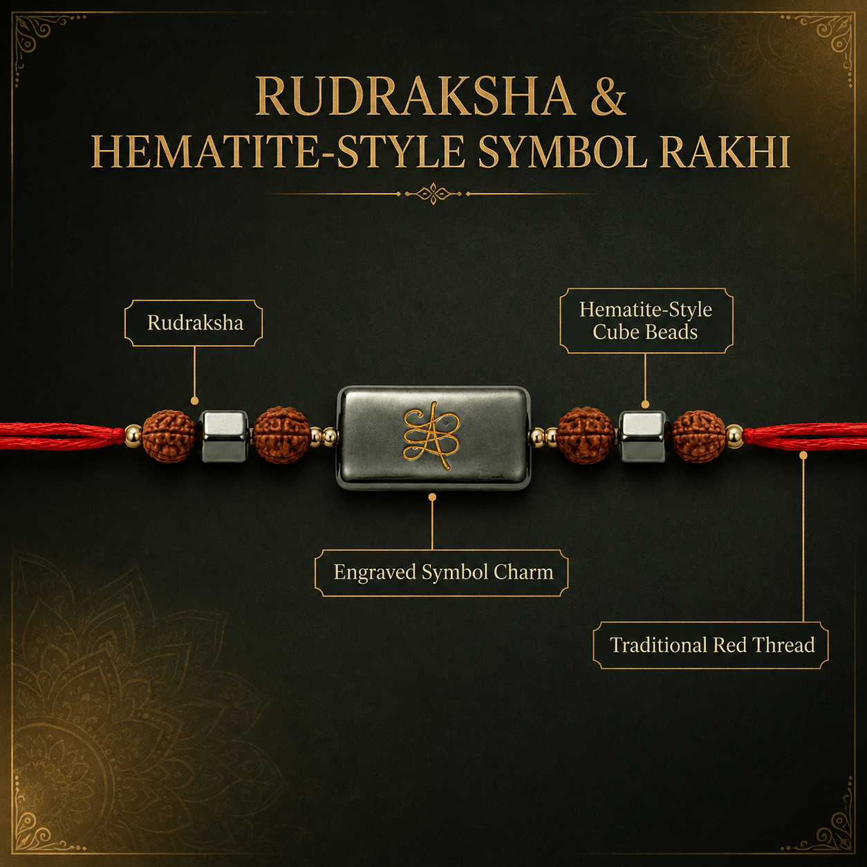 Rudraksha & Hematite-Style Symbol Rakhi