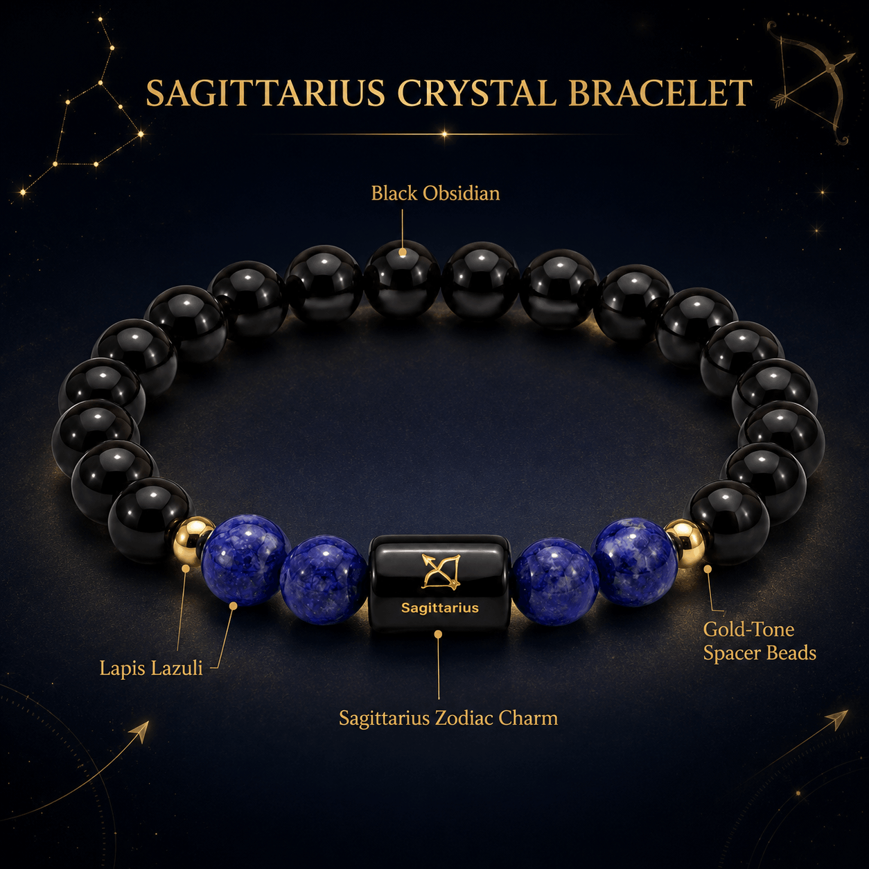 Sagittarius Crystal Bracelet – Protection, Wisdom &amp; Confidence 🖤💙