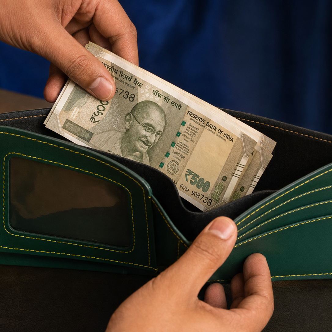 A dark green leather bifold wallet with light green contrast stitching, held open by two hands with a stack of Indian 500 Rupee notes being inserted. The wallet features a clear ID window on the front.