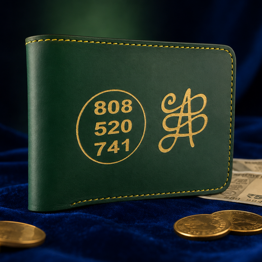 A dark green leather bifold wallet with gold stitching, gold-embossed numbers '808 520 741', and a monogram logo, displayed on a dark blue velvet background with gold coins and a dollar bill.