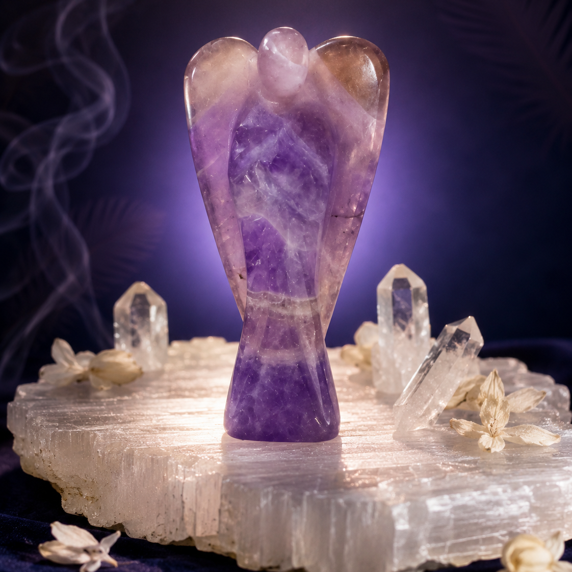 A polished purple amethyst angel figurine standing upright on a clear crystal slab, surrounded by small crystal points and dried flowers against a dark purple smoky background.