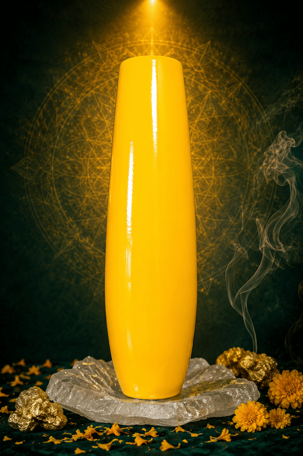 Yellow cylindrical object on a dark background with decorative elements