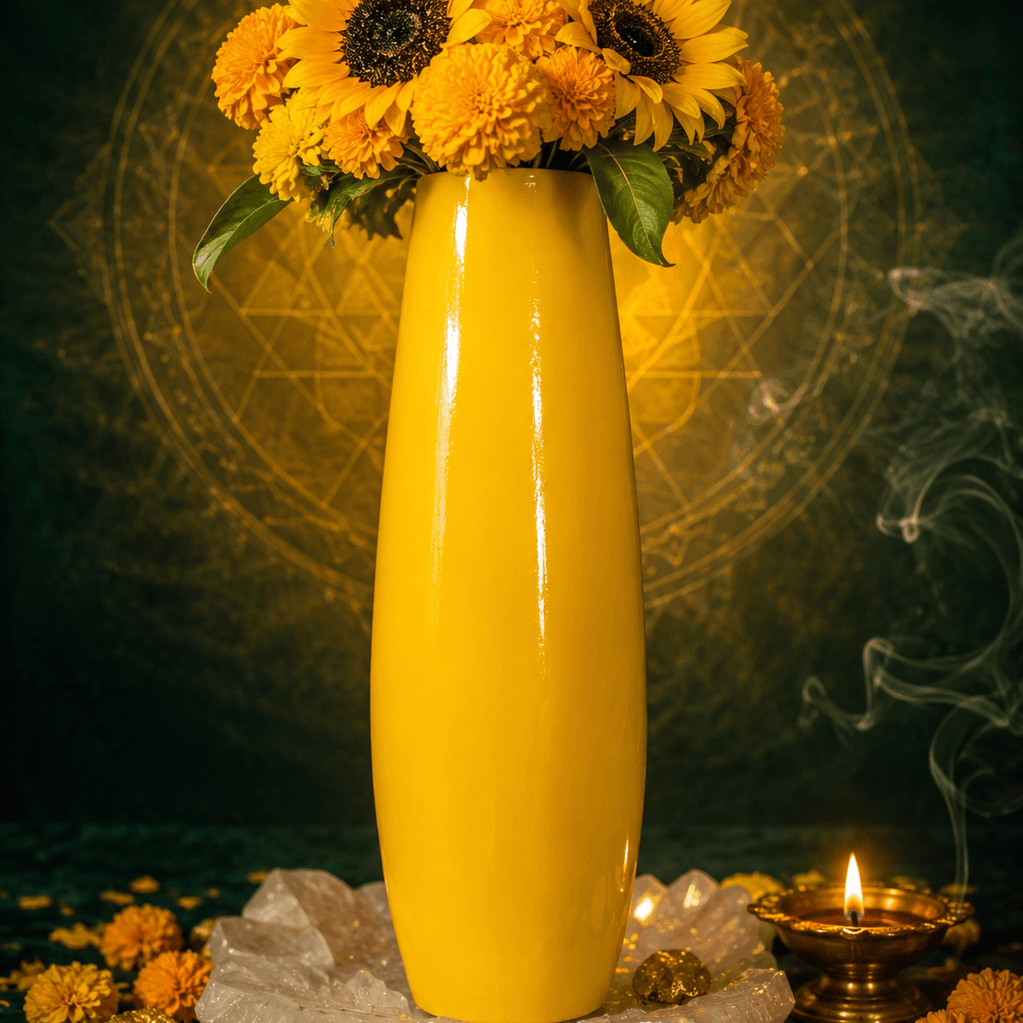 Yellow vase with sunflowers on a dark background