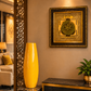 Yellow vase on a marble pedestal in a stylish interior setting with a framed artwork on the wall.