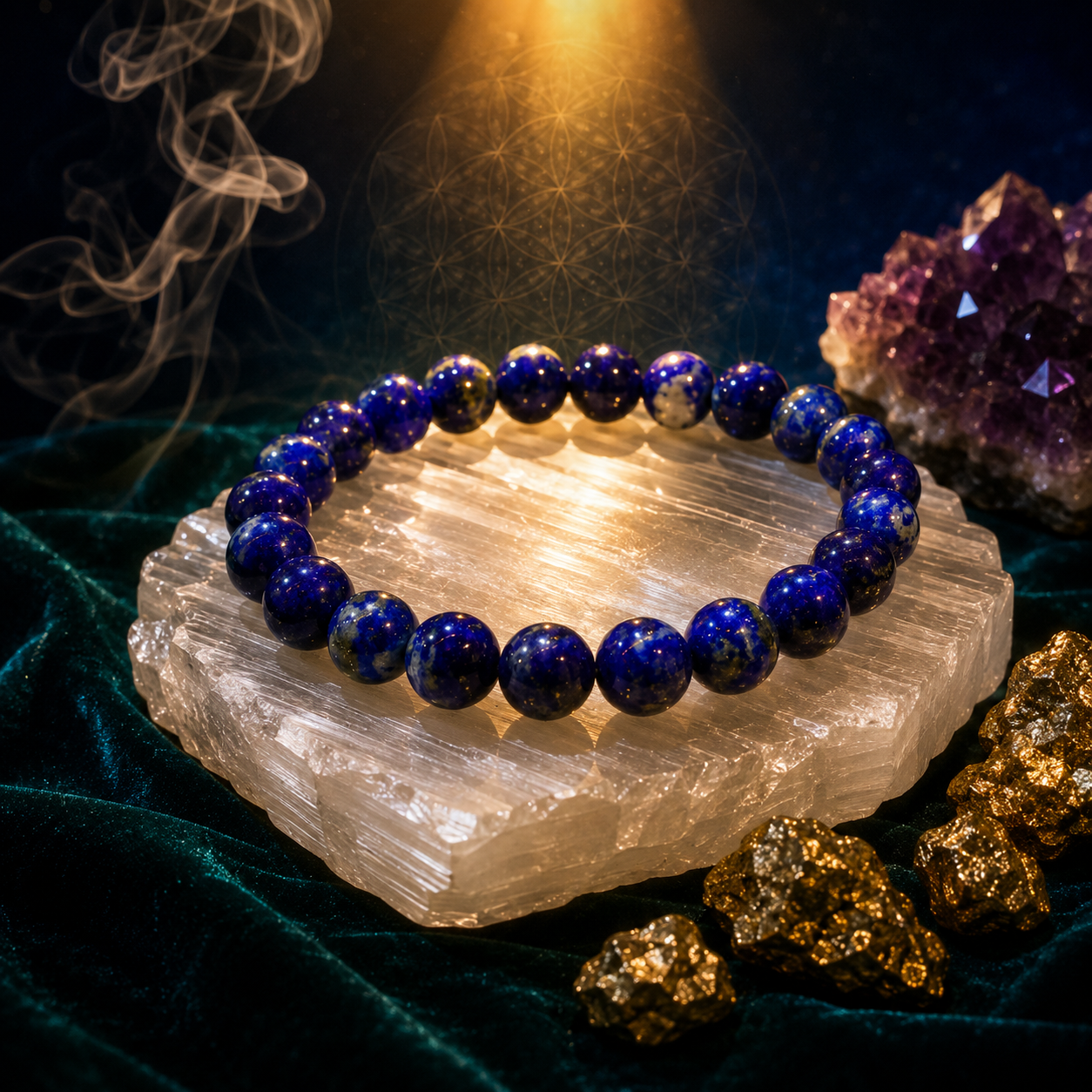 Blue beaded bracelet on a crystal with crystals and smoke in the background