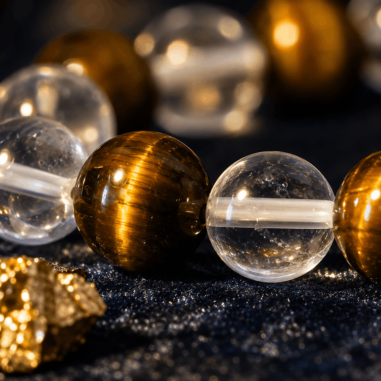 Close-up of tiger's eye and clear crystal balls on a dark surface