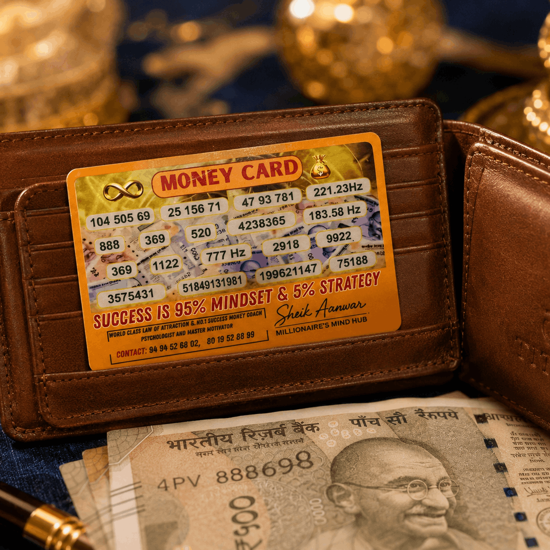 Brown wallet with a money card and Indian currency notes on a blue surface with gold decorative elements.
