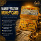 Manifestation money card with gold finish and sacred symbols on a dark background