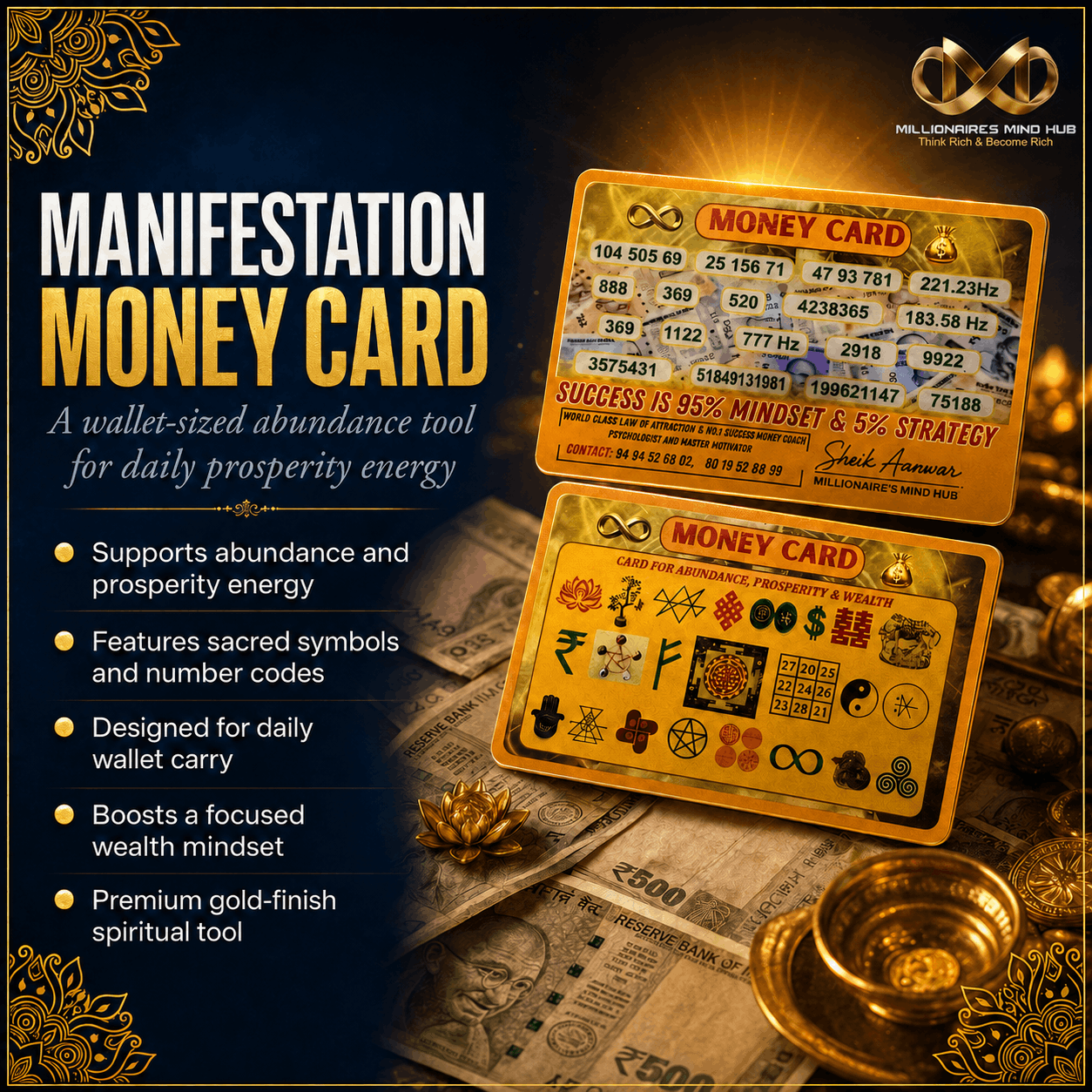 Manifestation money card with gold finish and sacred symbols on a dark background