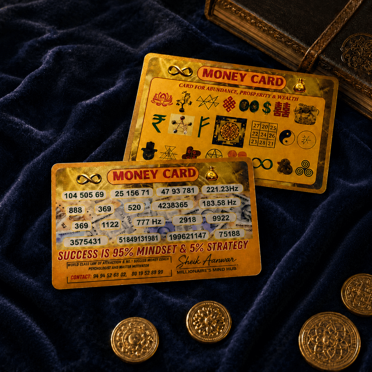 Two 'Money Card' with symbols and text on a dark blue fabric background