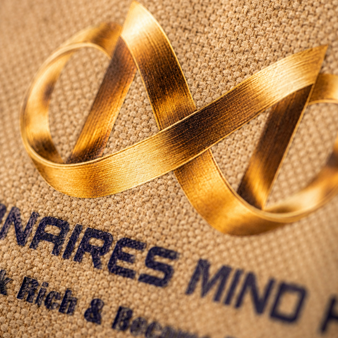 Gold bracelet on a textured surface with text partially visible