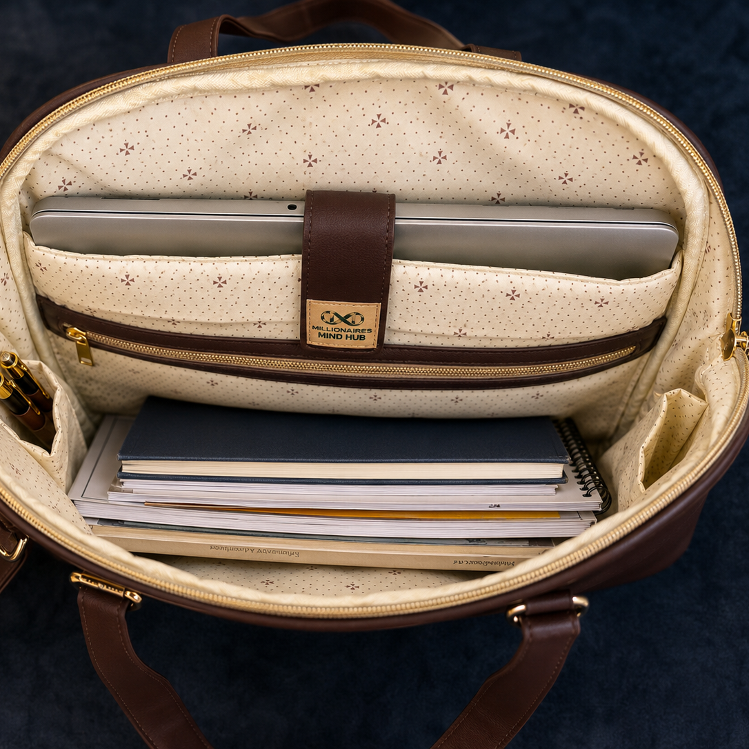 Open beige laptop bag with compartments on a dark background