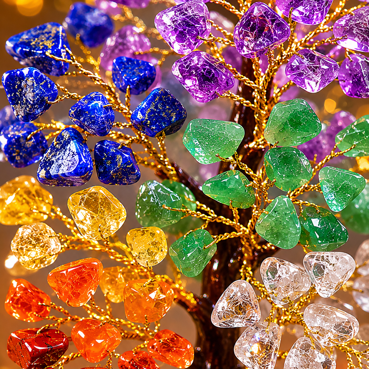 Colorful gemstone tree with blue, purple, green, yellow, orange, and red stones on a blurred background.