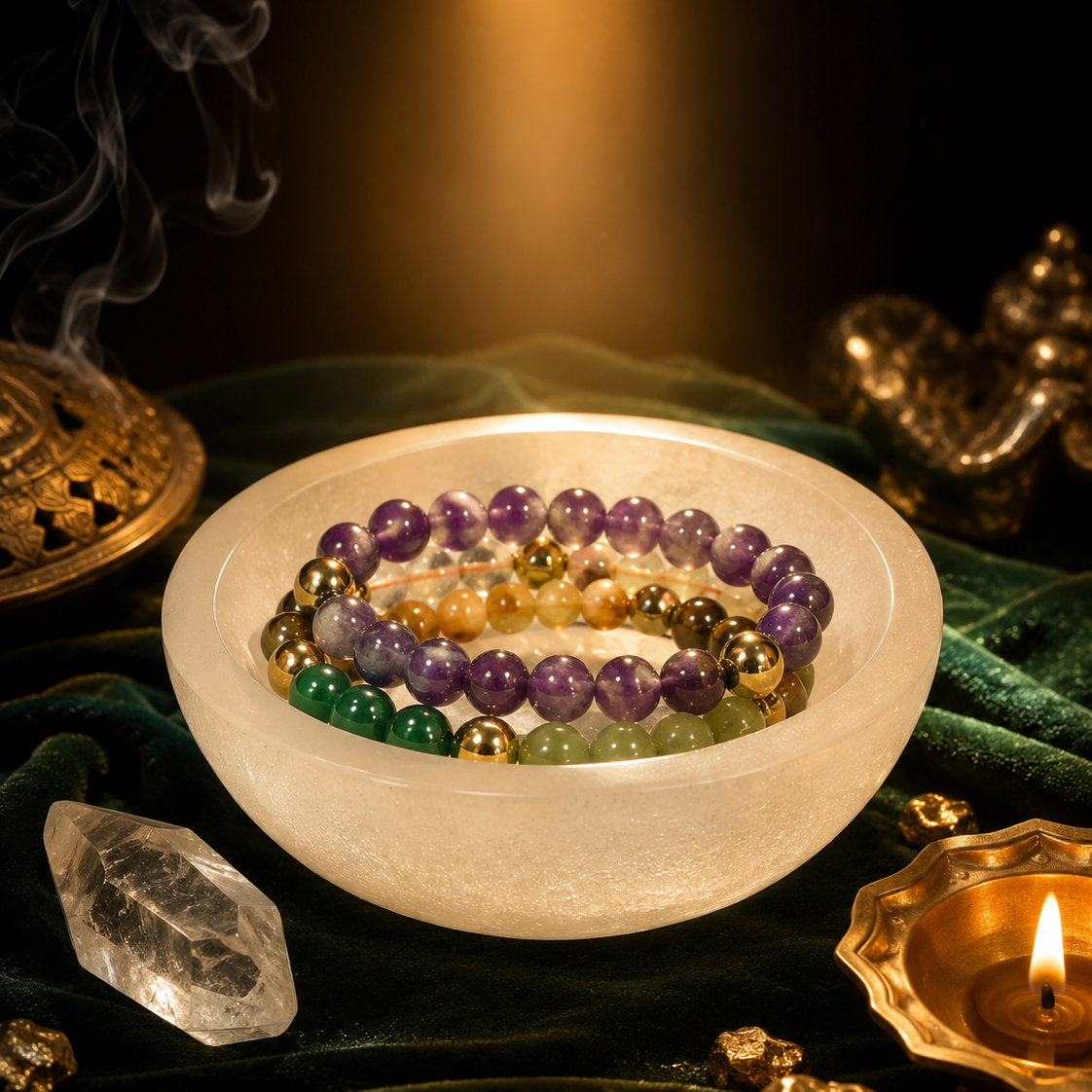 Colorful beaded bracelets in a white dish with incense and candles on a dark background