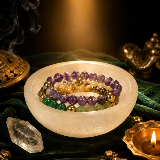 Colorful beaded bracelets in a white dish with incense and candles on a dark background
