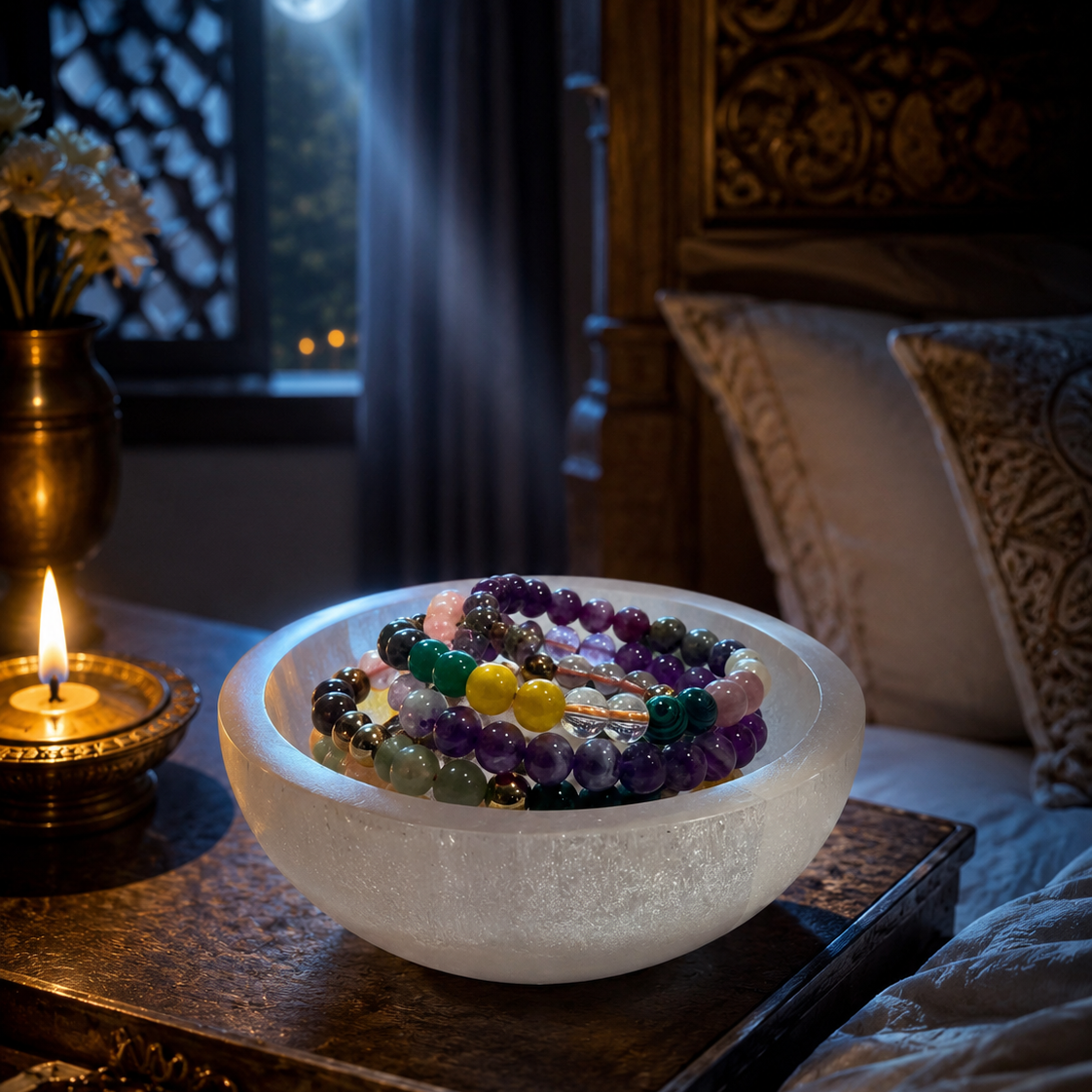 Bowl of colorful beaded bracelets on a table with a candle and decorative elements.