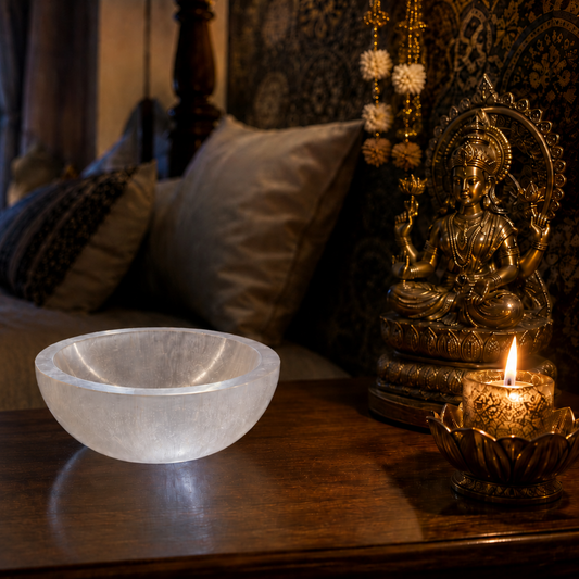 Decorative setting with a crystal bowl, statue, and candle on a table in a room with a window view of the moon.