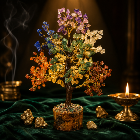 Crystal tree with colorful stones on a dark background with a candle and incense.