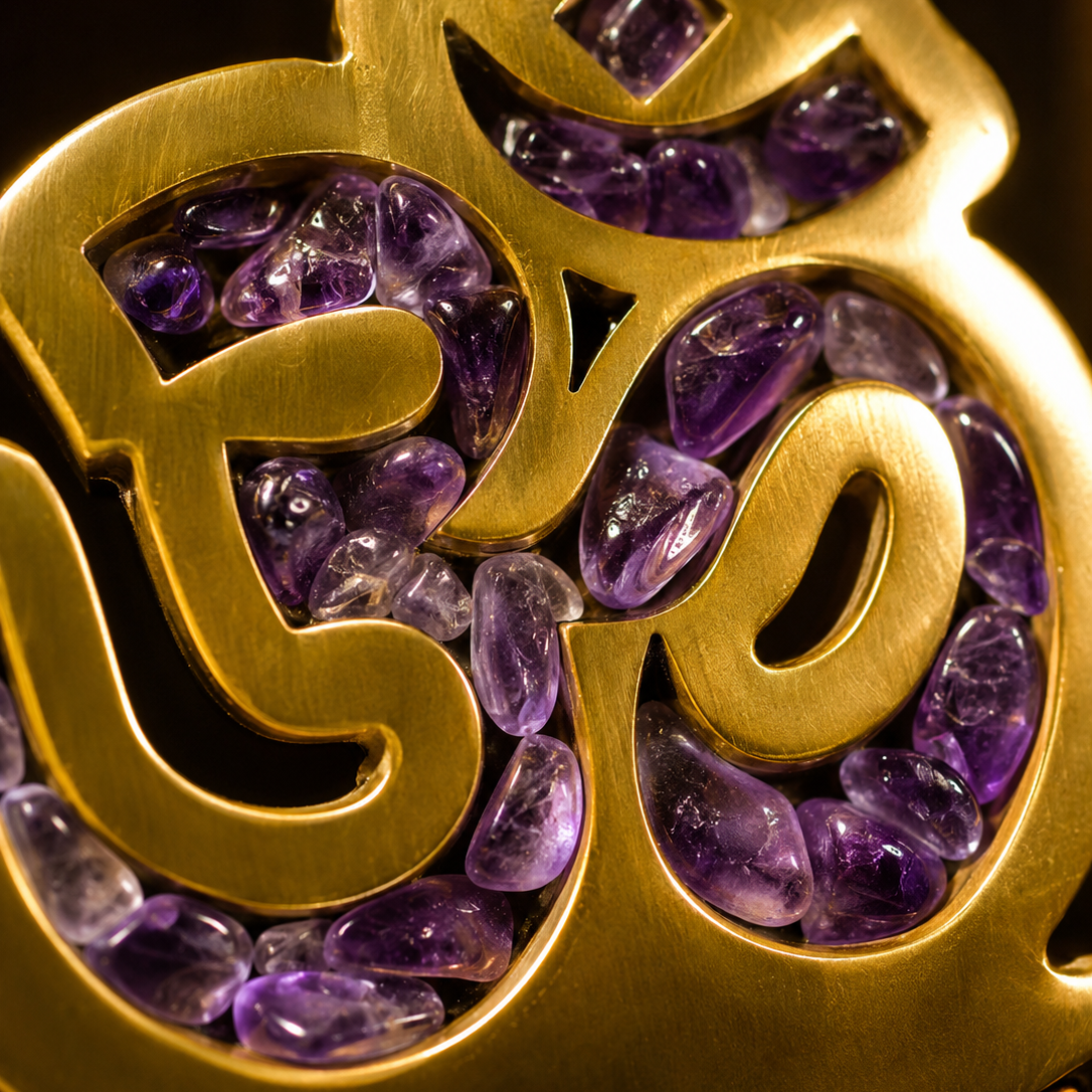 Gold pendant with purple gemstones on a dark background