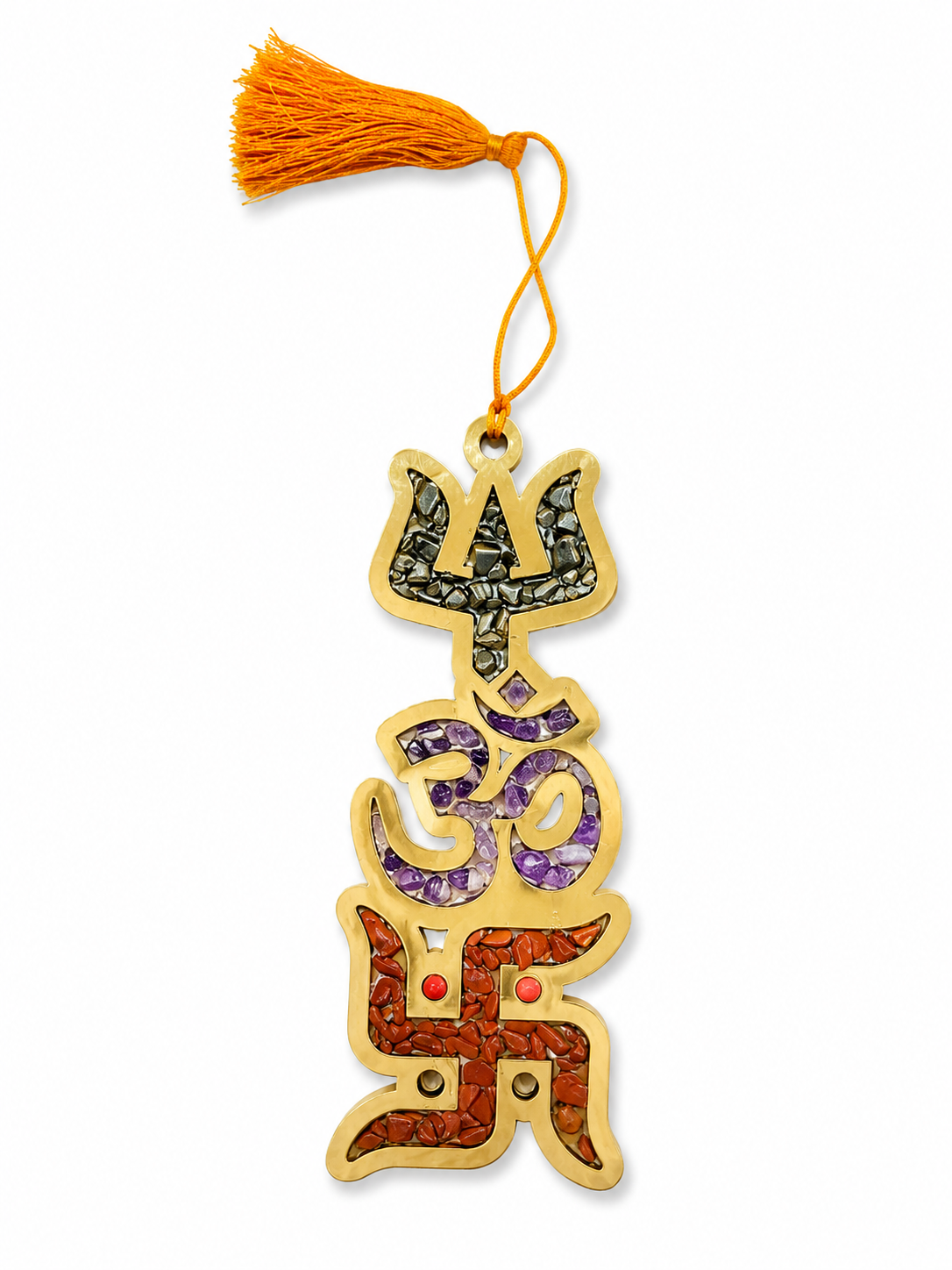 Decorative hanging charm with symbols and tassel on a white background