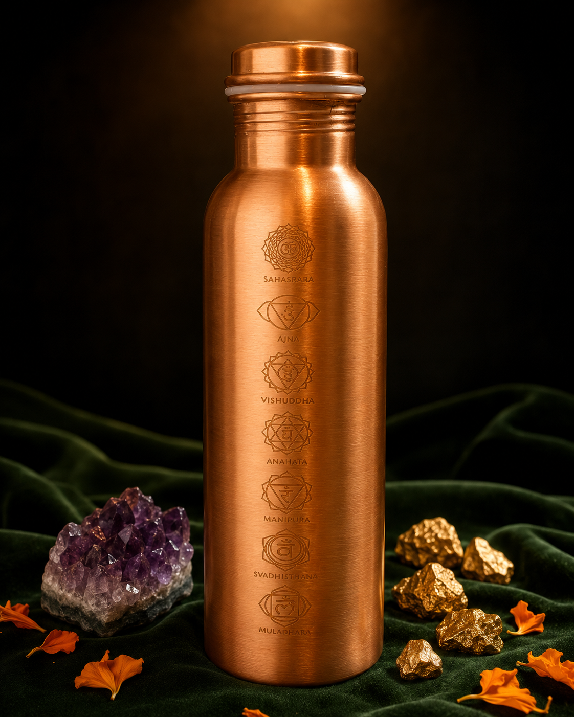 Copper water bottle with engravings on a dark background with crystals and leaves