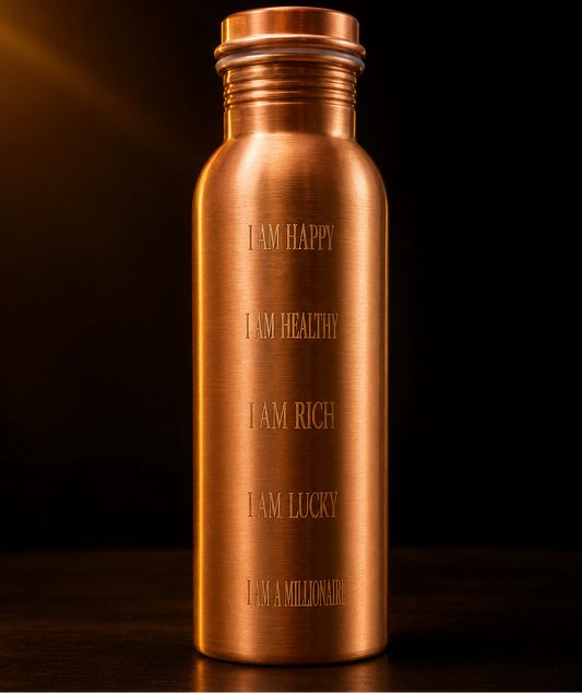 Copper water bottle with motivational phrases on a dark background