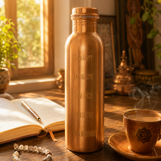 Bronze water bottle with engraved text on a wooden table with a cup of tea and open book.
