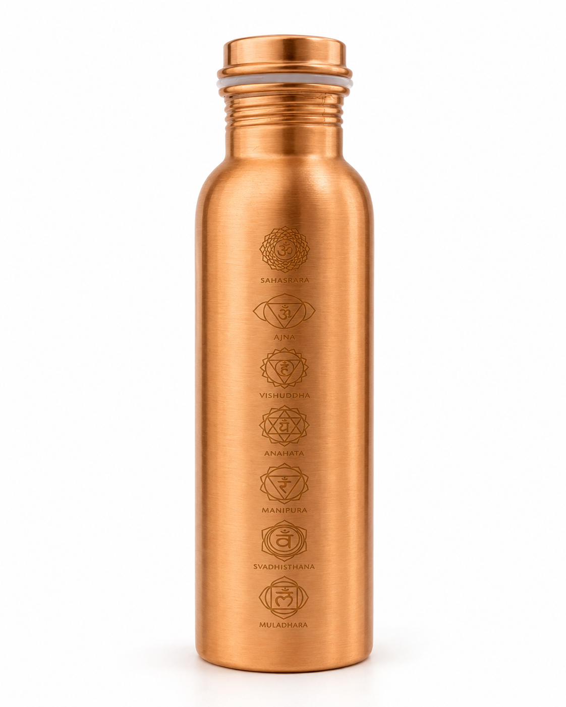 Copper water bottle with engraved symbols on a white background