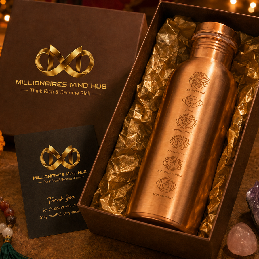Copper water bottle in a box with 'Millionaires Mind Hub' branding on a decorative background.