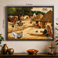 Framed artwork of a village scene with people and animals on a wall above a wooden table.