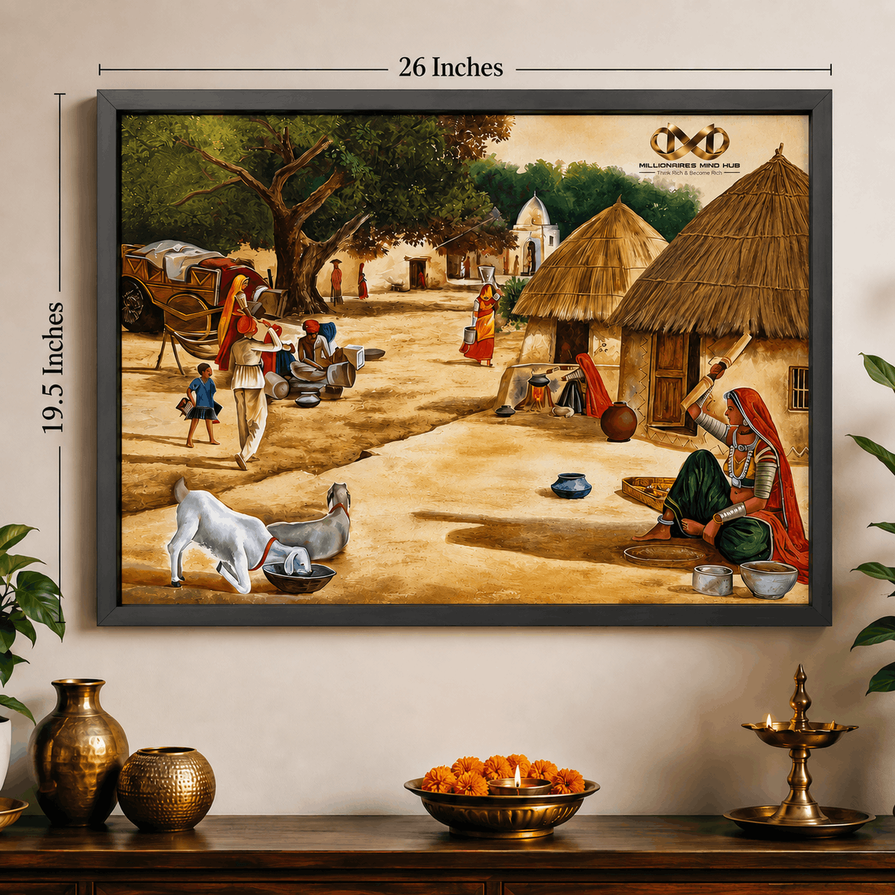 Framed artwork of a village scene with people and animals on a wall above a wooden table.