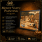 Framed painting of a traditional Rajasthani scene with promotional text on a dark background.