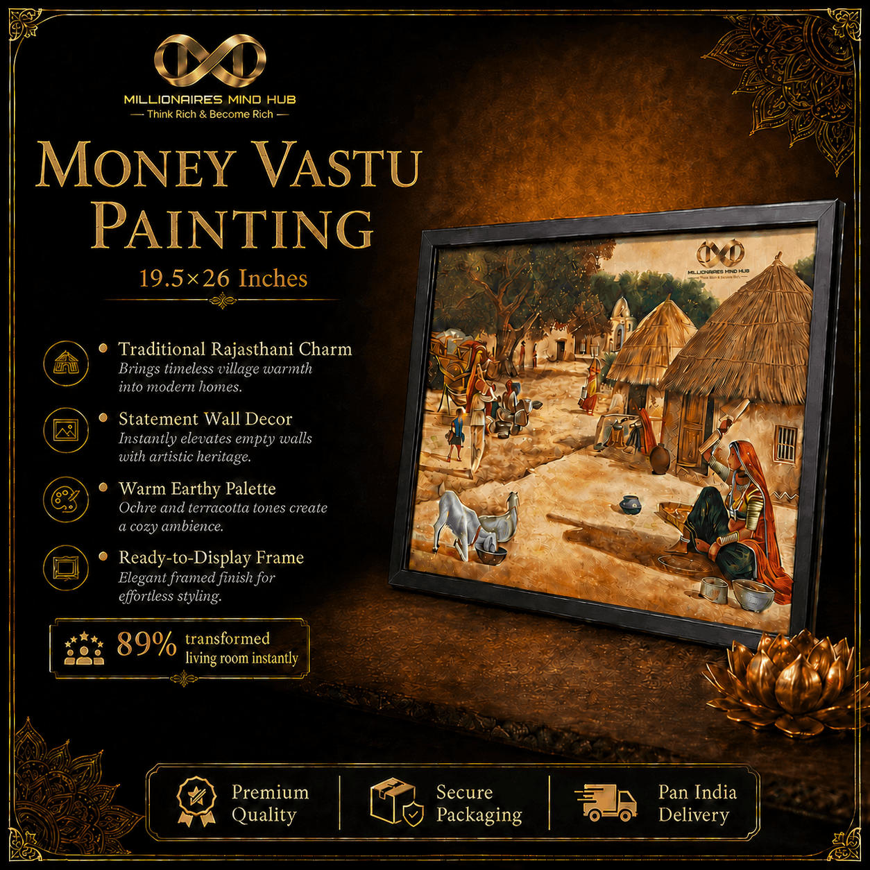 Framed painting of a traditional Rajasthani scene with promotional text on a dark background.