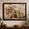 Framed artwork depicting traditional scene with people and animals on a wall above a wooden table.