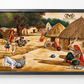 Framed artwork depicting a village scene with people and animals.