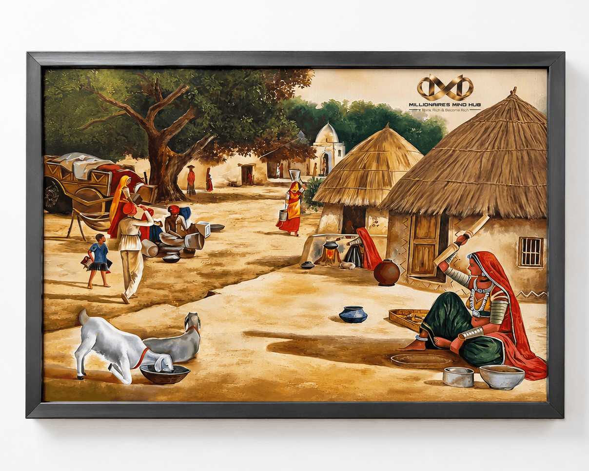Framed artwork depicting a village scene with people and animals.
