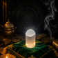 Selenite crystal on a green cushion with coins and a candle in a mystical setting