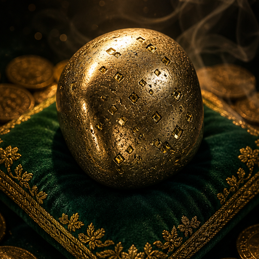 Gold rock on a green cushion with coins around, dark background