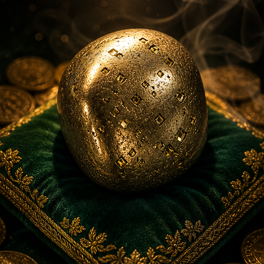 Gold rock on a green cushion with coins around, dark background