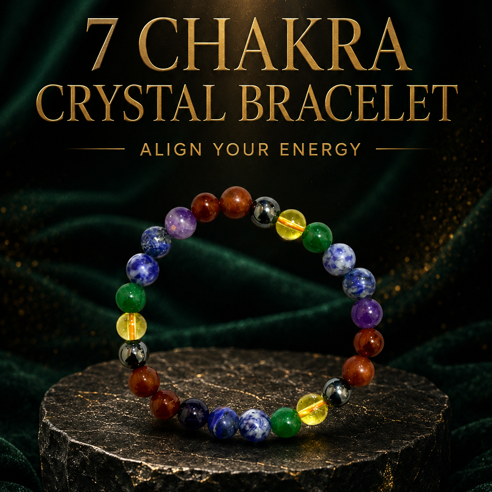 A 7 chakra crystal bracelet made of multicolored polished gemstone beads, displayed on a dark textured stone pedestal against a dark green velvet background with gold text overlays.