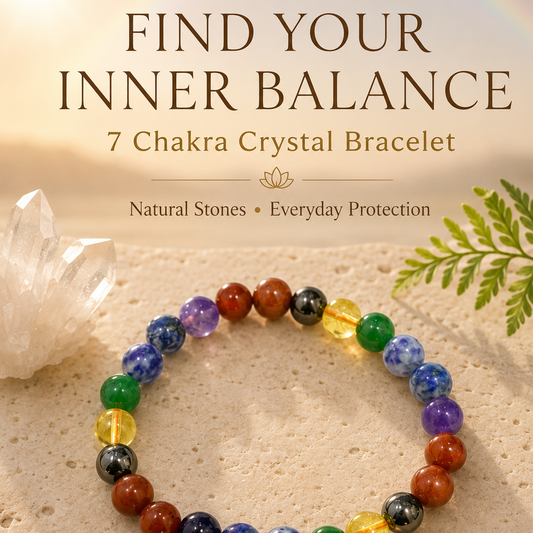 A 7 chakra crystal bracelet made of multicolored polished beads, displayed on a textured beige stone slab with crystals, a fern leaf, and a soft rainbow in the background. Text overlays read 'FIND YOUR INNER BALANCE', '7 Chakra Crystal Bracelet', and 'DISCOVER NOW'.