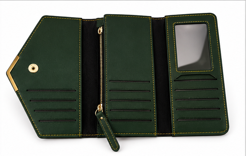A dark green faux leather wallet shown in multiple views: closed with gold logo detailing, open to reveal interior card slots and a clear ID window, held open by a hand, and styled on a beige surface with accessories.