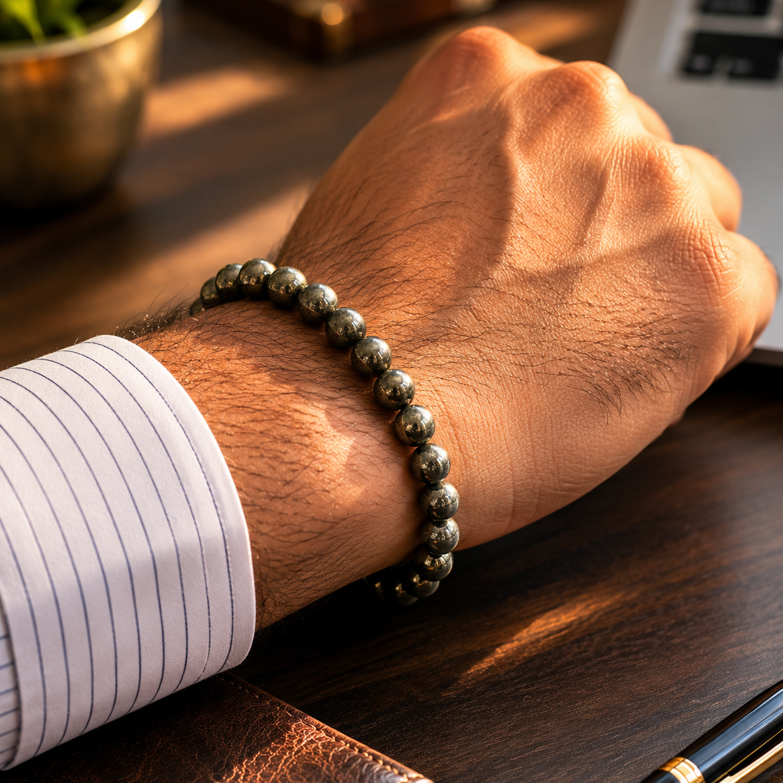 Hand wearing a beaded bracelet on a wooden desk with a pen and wallet.