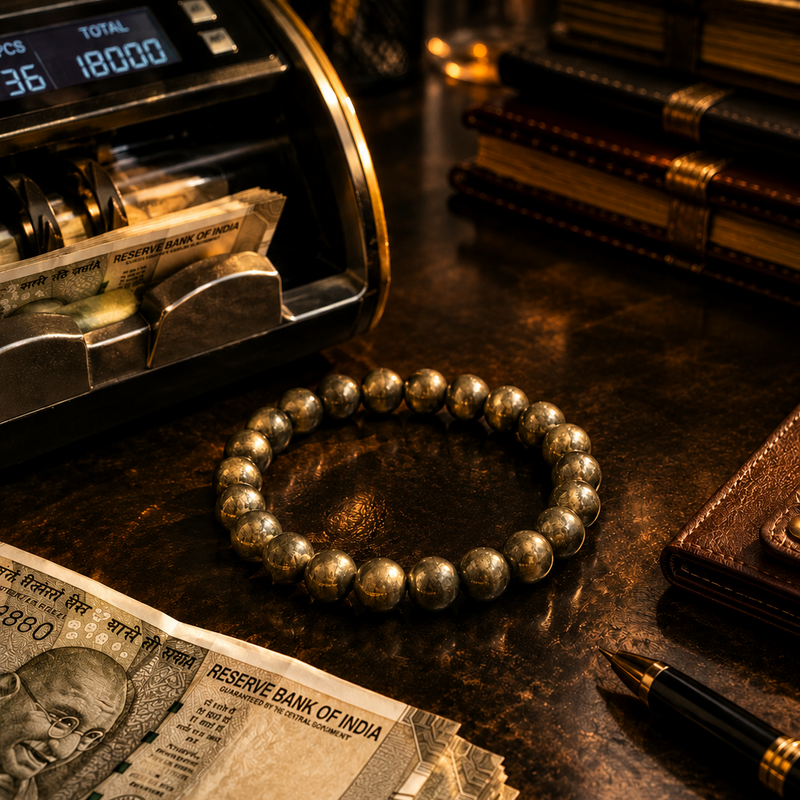 Money counting machine with currency and a bracelet on a wooden surface