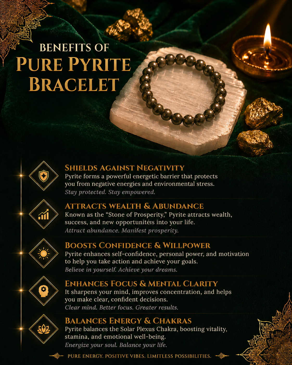 Pure Pyrite bracelet on a stone with gold pyrite stones and a candle, set against a dark background with text about the bracelet's benefits.