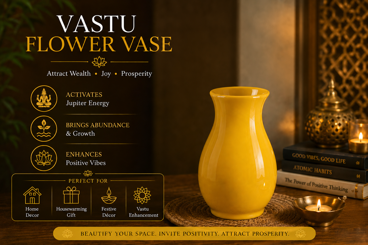 Yellow vase on a wooden surface with Vastu information text on a dark background