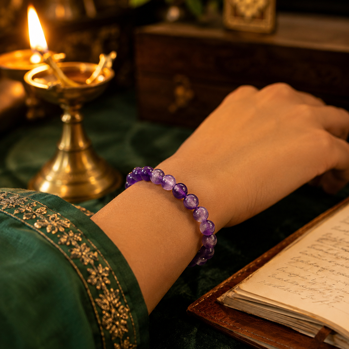 Hand wearing a purple beaded bracelet with a lit oil lamp and open book in the background