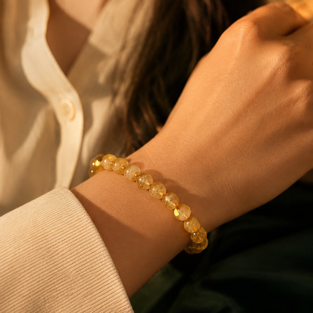 Close-up of a wrist wearing a yellow beaded bracelet with a blurred background