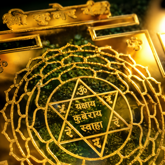 Decorative item with gold and green design, featuring sacred symbols and text.